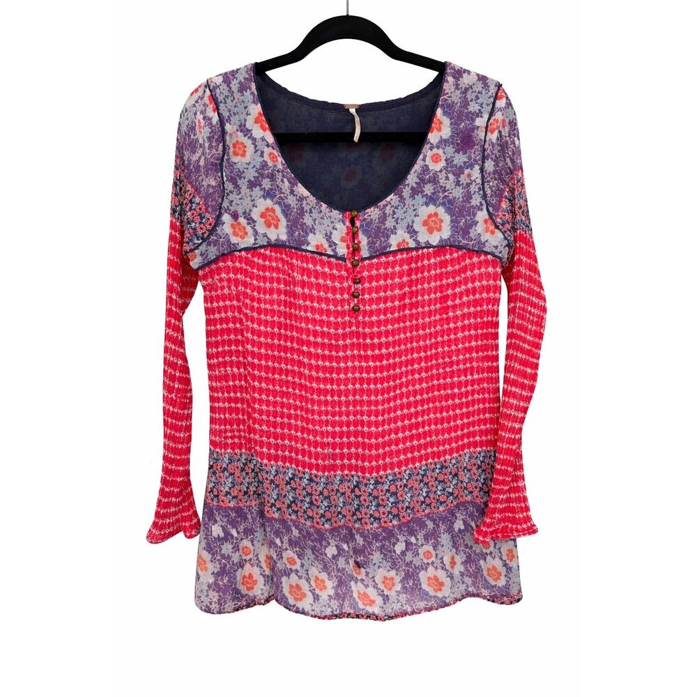 Free People‎ Boho Sheer Floral Tunic Top Medium Scoop Neck Romantic Peasant